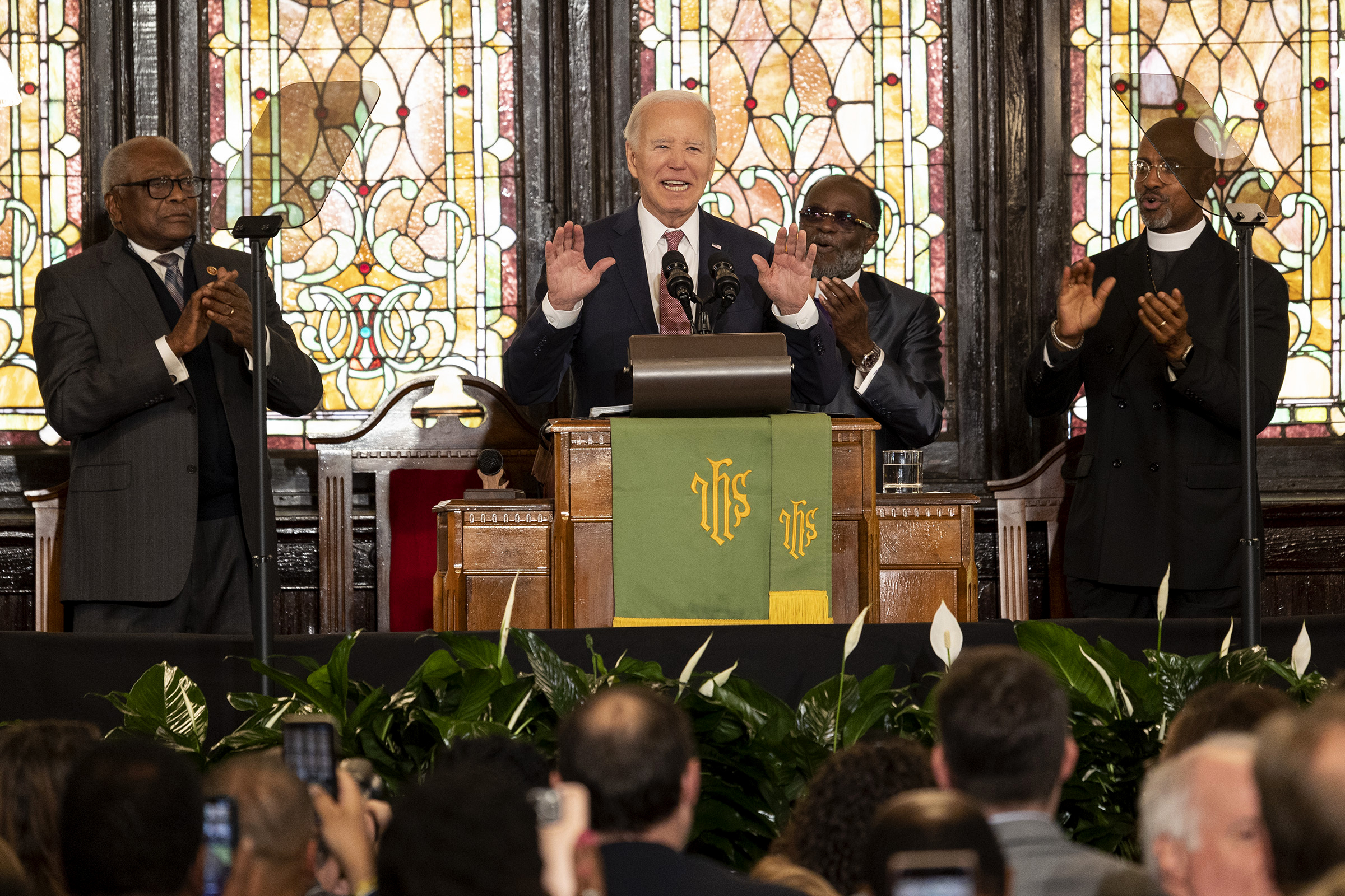 President Joe Biden delivers remarks at Mother Emanuel AME Church in Charleston, South Carolina, Monday, Jan. 8, 2024, where nine worshippers were killed in a mass shooting by a white supremacist in 2015. Photo credit: Mic Smith, The Associated Press