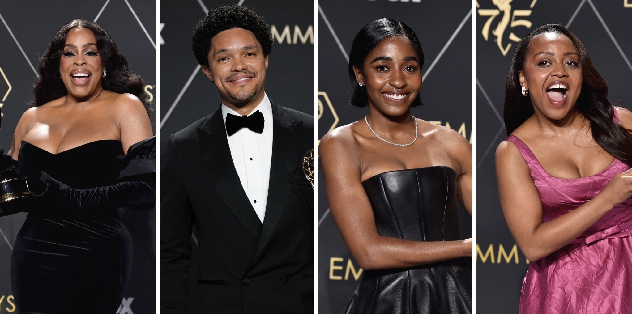 Left to right, Niecy Nash-Betts, Trevor Noah, Ayo Edebiri and Quinta Brunson won Emmys at the 75th Primetime Emmy Awards on Monday, Jan. 25, 2024, in Los Angeles. Photo credits: Fox and The Associated Press