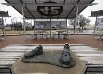A bronze statue of legendary baseball pioneer Jackie Robinson was stolen from a park in Wichita, Kansas, during the early morning hours of Thursday, Jan. 25, 2024. The statue, valued at $75,000, was the centerpiece of the League 42 ballpark facility, a baseball league started in 2015 to help kids with little access to organized sports. The league currently has 600 kids signed up to play this spring. Wichita police said during a Friday news conference that they are working desperately to catch the thieves. Photo credit: Travis Heying, The Wichita Eagle via The Associated Press