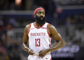 Houston Rockets guard James Harden (13) stands on the court during the first half of an NBA basketball game against the Washington Wizards on Monday, Nov. 26, 2018, in Washington. Photo credit: Nick Wass, The Associated Press