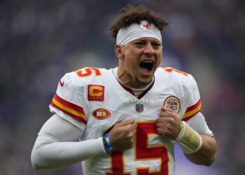 Kansas City Chiefs quarterback Patrick Mahomes (15) shouts before the AFC Championship NFL football game against the Baltimore Ravens, Sunday, Jan. 28, 2024, in Baltimore. Photo credit: Matt Slocum, The Associated Press
