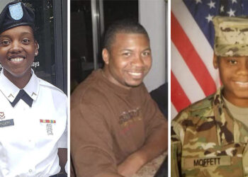 This combination of photos provided by Shawn Sanders, left, and the U.S. Army, center and right, show from left to right, Spc. Kennedy Sanders, Sgt. William Jerome Rivers and Spc. Breonna Alexsondria Moffett. The three U.S. Army Reserve soldiers from Georgia were killed by a drone strike Sunday, Jan. 28, 2024, on their base in Jordan near the Syrian border. Photo credit: Shawn Sanders and U.S. Army via The Associated Press