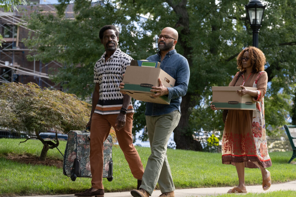 Jeffrey Wright stars as Thelonious "Monk" Ellison (center), Sterling K. Brown stars as Cliff Ellison (left),  and  Erika Alexander as Coraline (right) in writer/director Cord Jefferson’s  "American Fiction," an Orion Pictures release. Photo credit: Claire Folger, Orion Releasing LLC