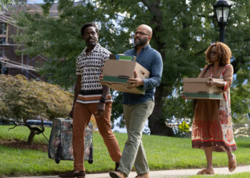 Jeffrey Wright stars as Thelonious "Monk" Ellison (center), Sterling K. Brown stars as Cliff Ellison (left), and Erika Alexander as Coraline (right) in writer/director Cord Jefferson’s "American Fiction," an Orion Pictures release. Photo credit: Claire Folger, Orion Releasing LLC