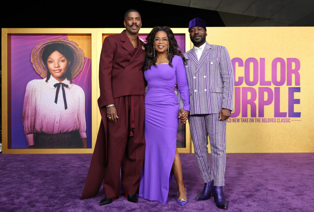Left to right: Colman Domingo, Oprah Winfrey and Blitz Bazawule attend the Los Angeles Premiere of Warner Bros.' "The Color Purple" at the Academy Museum of Motion Pictures on December 06, 2023, in Los Angeles, California. Photo credit: Eric Charbonneau/Getty Images for Warner Bros.