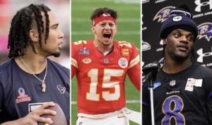 Left to right: Black quarterbacks C.J. Stroud of the Houston Texans, Patrick Mahomes of the Kansas City Chiefs and Lamar Jackson of the Baltimore Ravens. Photo credit: The Associated Press