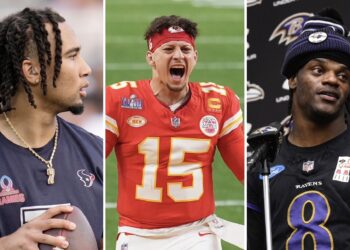 Left to right: Black quarterbacks C.J. Stroud of the Houston Texans, Patrick Mahomes of the Kansas City Chiefs and Lamar Jackson of the Baltimore Ravens. Photo credit: The Associated Press