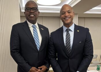 U.S. Virgin Islands Gov. Albert Bryan, left, and Maryland Gov. Wes Moore, right, are looking to work together to mobilize voters for November’s general election. The Black governors attended the National Governors Association winter meeting in Washington, D.C., this week. Photo credit: Gov. Albert Bryan/X