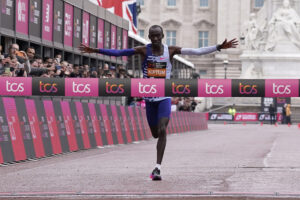 Kenya's Kelvin Kiptum crosses the finish line to win the men's race at the London Marathon in London, Sunday, April 23, 2023. Kiptum, 24, died in a car crash in Kenya on Sunday, Feb. 11, 2024. Photo credit: Alberto Pezzali, The Associated Press