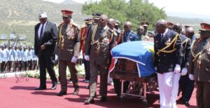 Pallbearers carry the flag-draped coffin of the late Namibian President Hage Geingob during his funeral service in Windhoek, Namibia, Sunday, Feb. 25, 2024. Photo credit: Esther Mbathera, The Associated Press