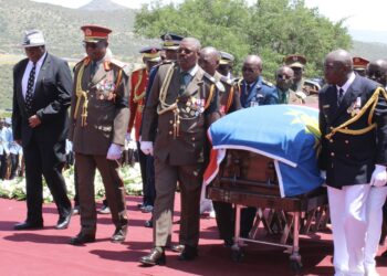 Pallbearers carry the flag-draped coffin of the late Namibian President Hage Geingob during his funeral service in Windhoek, Namibia, Sunday, Feb. 25, 2024. Photo credit: Esther Mbathera, The Associated Press