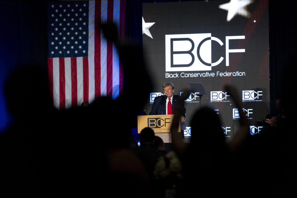 Former President Donald Trump, hopeful White House Republican candidate, speaks at the Black Conservative Federation's Annual BCF Honors Gala at the Columbia Metropolitan Convention Center in Columbia, South Carolina, on Friday, Feb. 23, 2024. Photo credit: Andrew Harnik, The Associated Press