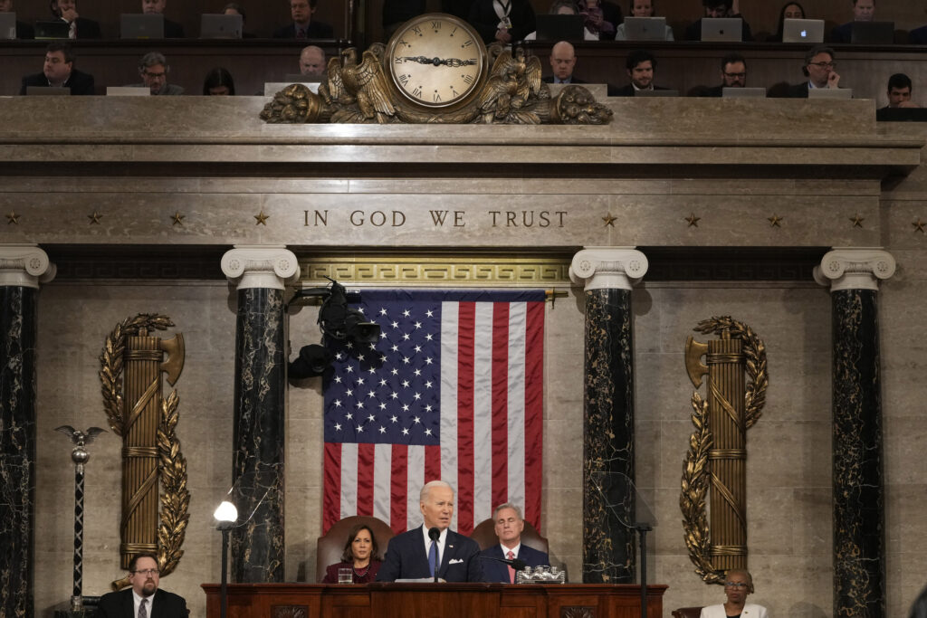 President Joe Biden delivers the State of the Union address to a joint session of Congress at the U.S. Capitol, Tuesday, Feb. 7, 2023, in Washington, as Vice President Kamala Harris and then-House Speaker Kevin McCarthy of California watch. Photo credit: Jacquelyn Martin, The Associated Press