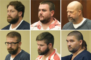 This combination of photos shows, from top left, former Rankin County sheriff's deputies Hunter Elward, Christian Dedmon, Brett McAlpin, Jeffrey Middleton, Daniel Opdyke and former Richland police officer Joshua Hartfield appearing at the Rankin County Circuit Court in Brandon, Mississippi, on Monday, Aug. 14, 2023. The six former Mississippi law enforcement officers who pleaded guilty to a long list of state and federal charges for torturing two Black men were sentenced by a state judge Wednesday, April 10, 2024. Photo credit: Rogelio V. Solis, The Associated Press