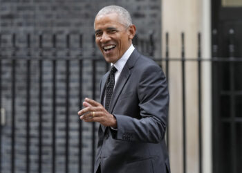 Former President Barack Obama leaves after a courtesy visit to 10 Downing Street in London on Monday, March 18, 2024. Photo credit: Alastair Grant, The Associated Press
