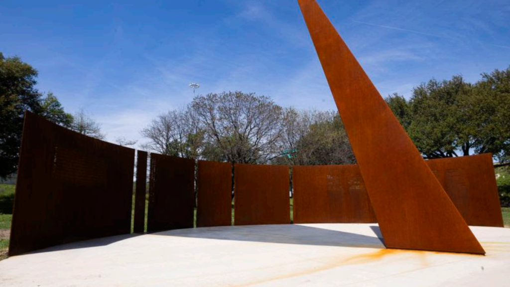 The public artwork “Shadow Lines,” by artists Shane Allbritton and Norman Lee, will be dedicated March 26 at Martyrs Park, located just west of the Sixth Floor Museum in downtown Dallas. Photo credit: Juan Figueroa, Texas Metro News