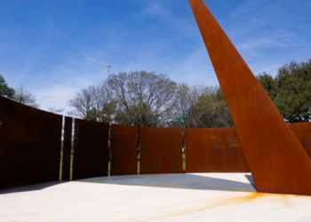The public artwork “Shadow Lines,” by artists Shane Allbritton and Norman Lee, will be dedicated March 26 at Martyrs Park, located just west of the Sixth Floor Museum in downtown Dallas. Photo credit: Juan Figueroa, Texas Metro News