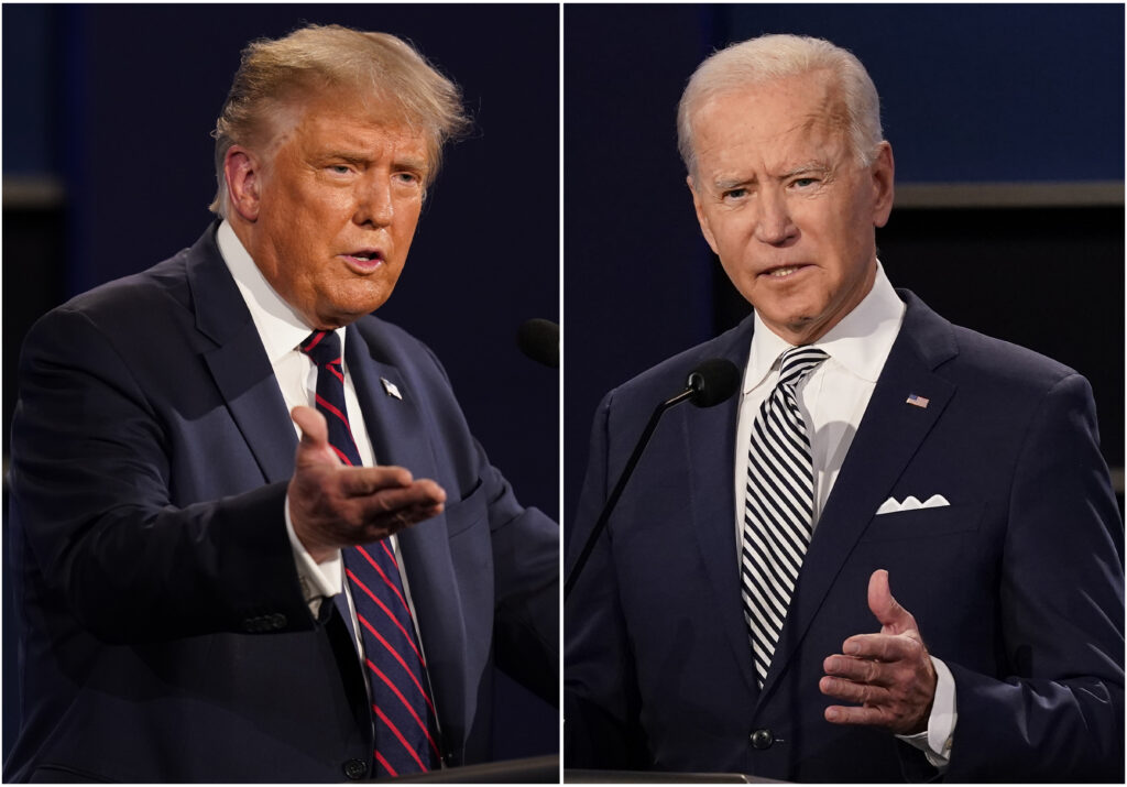 This combination of Sept. 29, 2020,  file photos shows then-President Donald Trump, left, and current President Joe Biden during a presidential campaign debate at Case Western University and Cleveland Clinic, in Cleveland, Ohio. With Nikki Haley suspending her campaign today, the 2024 White House race will likely mark a rematch between Biden and Trump. Photo credit: Patrick Semansky, The Associated Press
