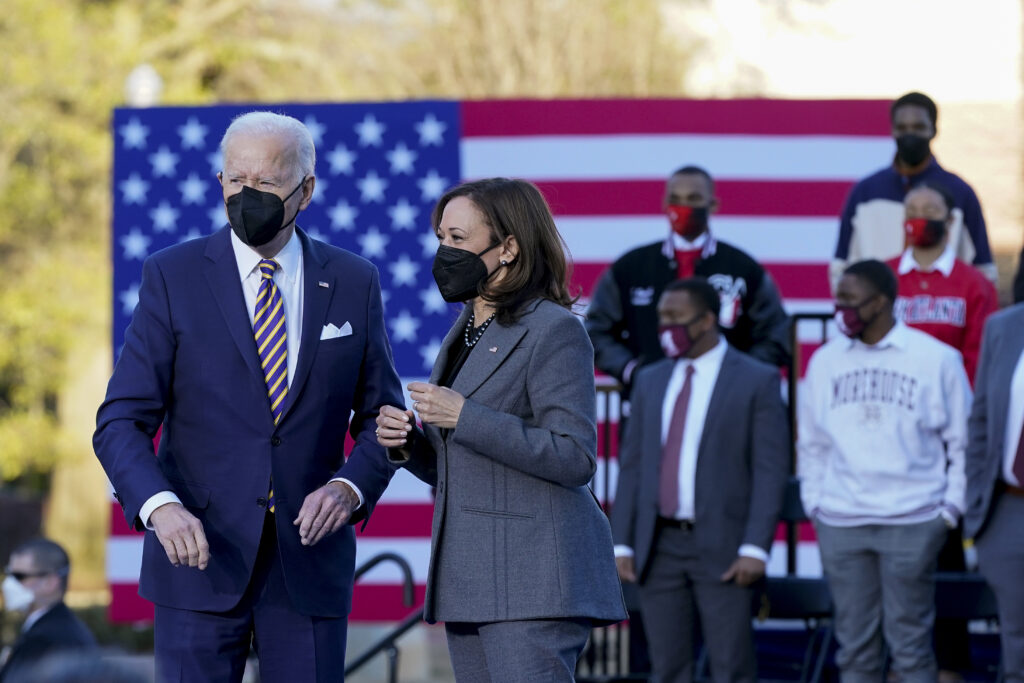 President Joe Biden and Vice President Kamala Harris depart after speaking in support of changing the Senate filibuster rules to ensure the right to vote is defended, at Atlanta University Center Consortium, on the grounds of Morehouse College and Clark Atlanta University on Tuesday, Jan. 11, 2022, in Atlanta. Photo credit: Patrick Semansky, The Associated Press