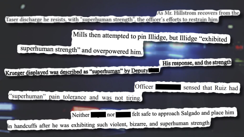 This illustration shows excerpts from official documents using the term "superhuman strength," often applied by officers, coroners and prosecutors to describe the force used by subjects during a police encounter. Law professor Seth Stoughton, who served as an expert witness in the George Floyd murder trial, says the term "plays into the racist trope" of a "scary Black assailant." Image credit: Jim Jacoby, Cronkite News via The Associated Press