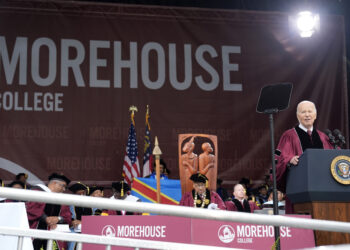 President Joe Biden speaks to graduating students at the Morehouse College commencement Sunday, May 19, 2024, in Atlanta. Photo, Alex Brandon, The Associated Press