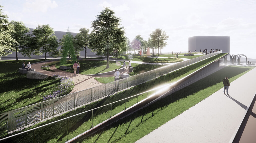 A rendering by Jin Young Song and Douglass Alligood of the planned Buffalo, New York, supermarket shooting memorial shows the grounds that will feature interconnected stone pillars and arches, and a windowed building where exhibitions and events will be held. New York state has committed $5 million to the $15 million project and Buffalo will contribute $1 million to the permanent memorial honoring the 10 Black victims of a racially motivated mass shooting at a Buffalo supermarket in 2022. Rendering by Jin Young Song and Douglass Alligood via The Associated Press