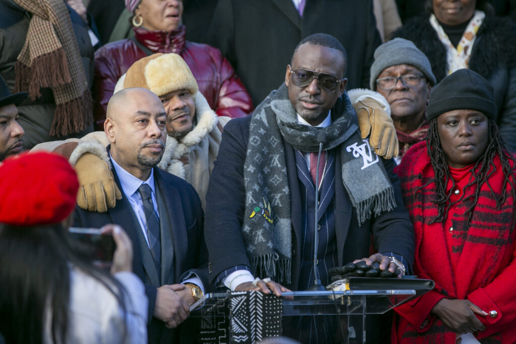 From left, Raymond Santana, Kevin Richardson and Yusef Salaam, wrongfully convicted of the 1989 rape of a jogger in New York's Central Park, are at the unveiling of the Gate of the Exonerated along a Central Park perimeter wall in New York City on Monday, December 19, 2022. Former President Trump once famously called for the death penalty to be used against the group. Salaam is now a New York City councilman. Photo credit: Ted Shaffrey, The Associated Press