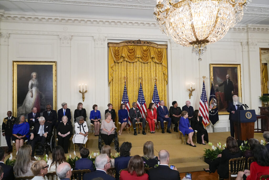 President Joe Biden speaks before awarding the nation's highest civilian honor, the Presidential Medal of Freedom, during a ceremony in the East Room of the White House, Friday, May 3, 2024, in Washington. Photo credit: Alex Brandon, The Associated Press