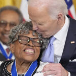 President Joe Biden awards the nation's highest civilian honor, the Presidential Medal of Freedom, to Opal Lee during a ceremony in the East Room of the White House, Friday, May 3, 2024, in Washington. Lee's persistent activism helped make Juneteenth a national holiday. Photo credit: Alex Brandon, The Associated Press