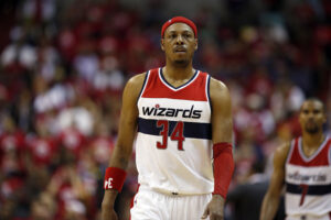 Now-retired Washington Wizards forward Paul Pierce (34) walks on the court in the second half of Game 3 of the second round of the NBA basketball playoffs against the Atlanta Hawks, Saturday, May 9, 2015, in Washington. The Wizards won 103-101. Photo credit: Alex Brandon, The Associated Press
