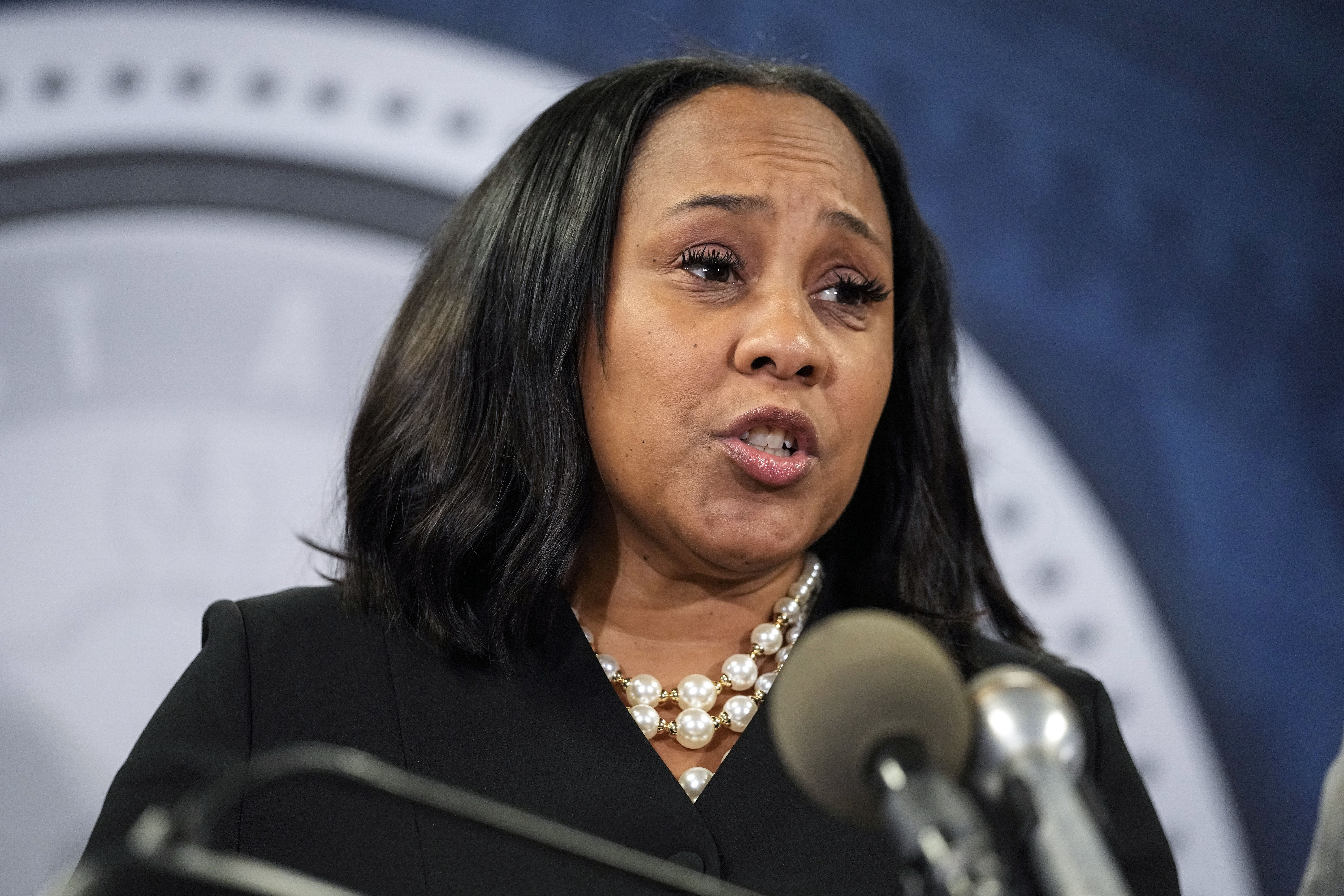 Fulton County District Attorney Fani Willis speaks during a news conference on Aug. 14, 2023, in Atlanta. Photo credit: John Bazemore, The Associated Press