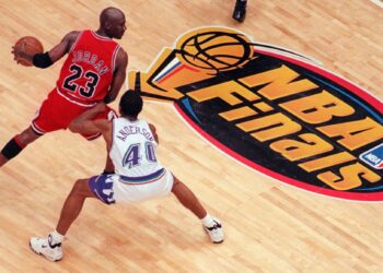 Then-Utah Jazz's Shandon Anderson tries to block then-Chicago Bulls' Michael Jordan in the second half of Game 6 of the NBA Finals in Salt Lake City, Utah, on Sunday, June 14, 1998. Photo credit: Mark J. Terrill, The Associated Press