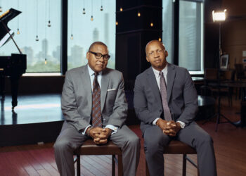 Pulitzer Prize-winning jazz artist Wynton Marsalis, left, and Bryan Stevenson, founder and executive director of the Equal Justice Initiative, right, pose for a photograph on Thursday, June 13, 2024, in New York. Photo credit: Andres Kudacki, The Associated Press