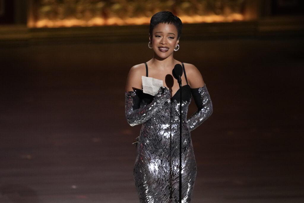 Maleah Joi Moon accepts the award for Best Performance by an Actress in a Leading Role in a Musical for her performance in "Hell's Kitchen" during the 77th annual Tony Awards on Sunday, June 16, 2024, in New York. Photo credit: Charles Sykes, Invision/The Associated Press