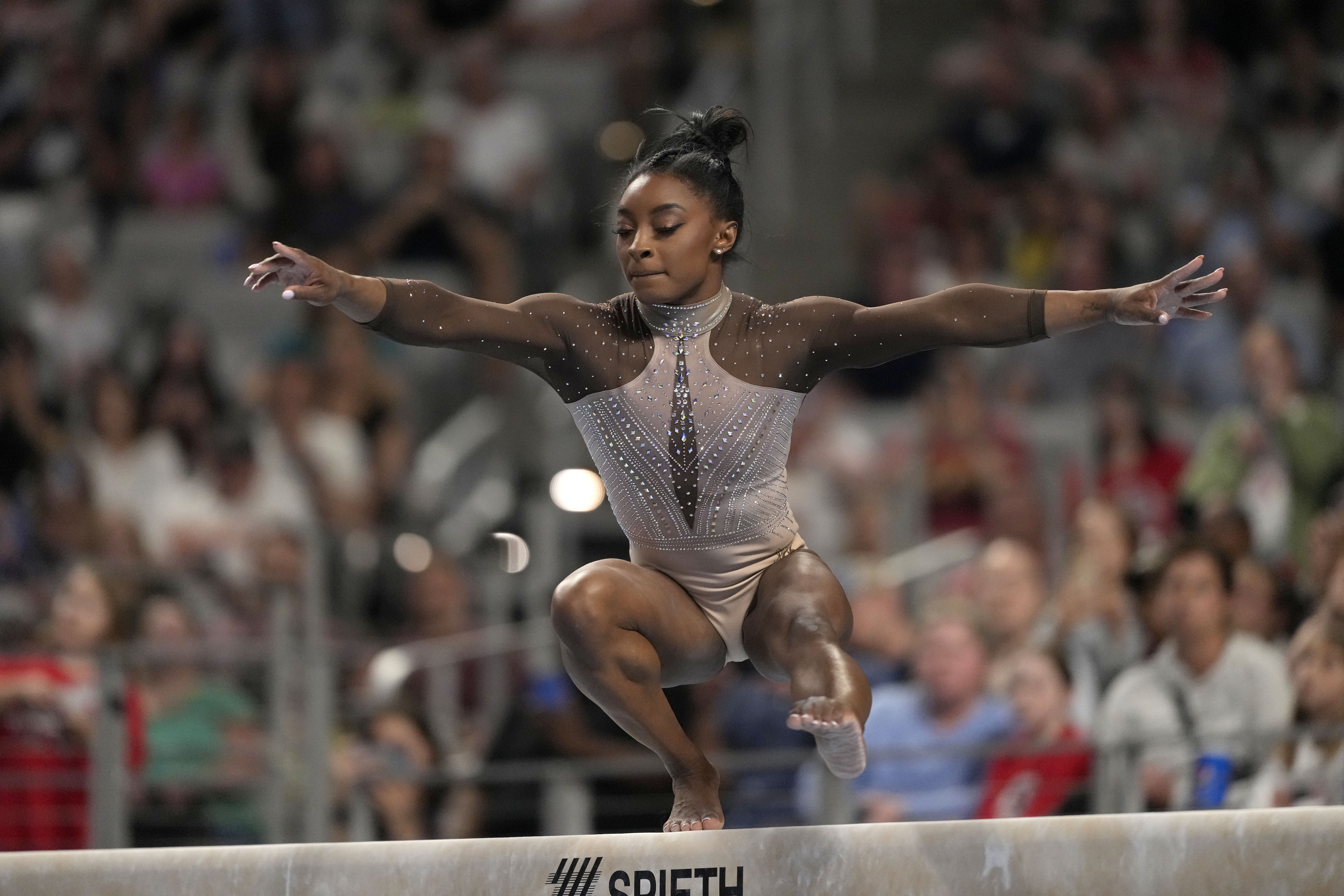 Simone Biles competes on the balance beam during the U.S. Gymnastics Championships on Sunday, June 2, 2024, in Fort Worth, Texas. Photo credit: Julio Cortez, The Associated Press