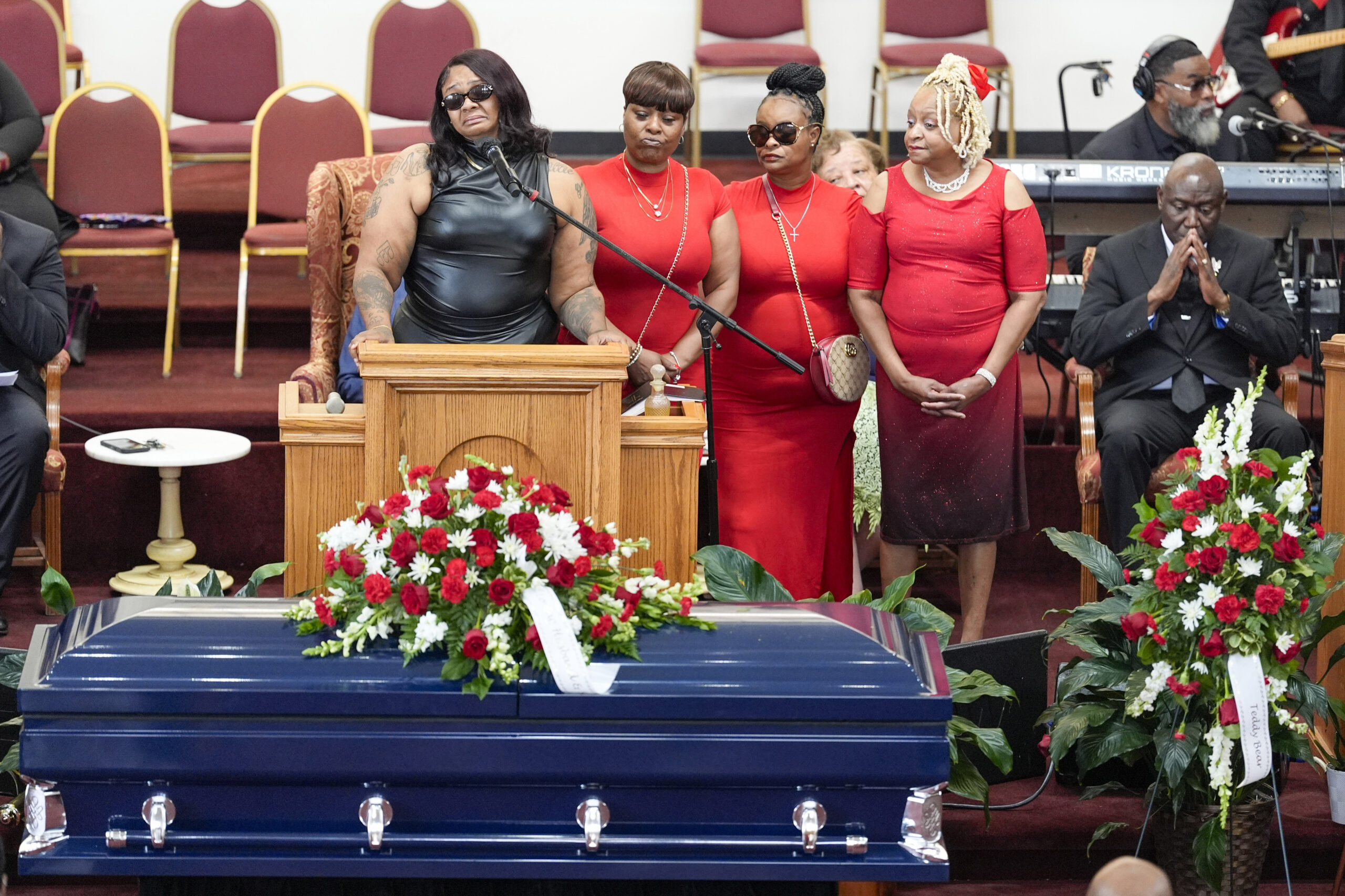 DeAsia Harmon speaks at the funeral for her husband, D'Vontaye Mitchell, on Thursday, July 11, 2024, in Milwaukee, Wisconsin. Mitchell died June 30 after an incident in front of a hotel. Photo credit: Morry Gash, The Associated Press