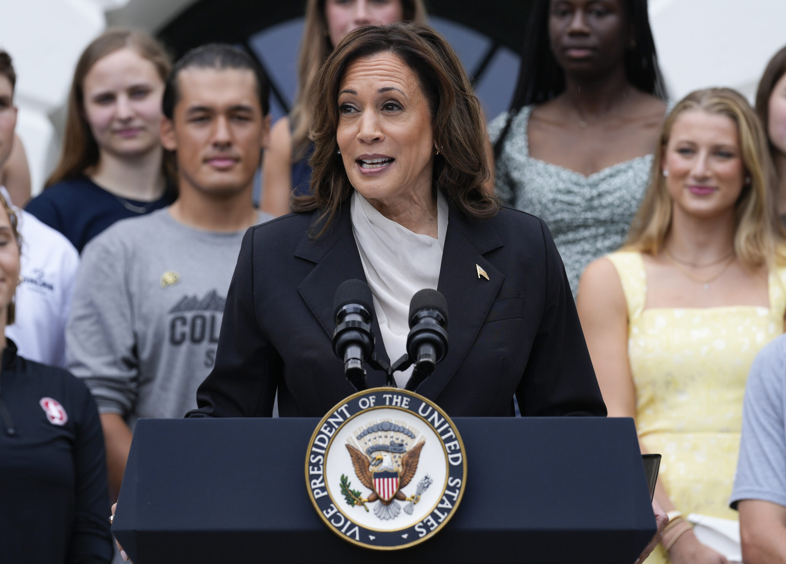 Vice President Kamala Harris speaks from the South Lawn of the White House in Washington, Monday, July 22, 2024, during an event with NCAA college athletes. This was her first public appearance since President Joe Biden endorsed her to be the next presidential nominee of the Democratic Party. Photo credit: Susan Walsh, The Associated Press