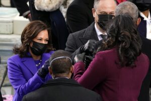 Then-Vice President-elect Kamala Harris and her husband,, Doug Emhoff greet former President Barack Obama and former first lady Michelle Obama during the 59th Presidential Inauguration at the U.S. Capitol in Washington, Wednesday, Jan. 20, 2021. Photo credit: Andrew Harnik, The Associated Press