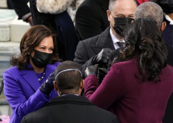 Then-Vice President-elect Kamala Harris and her husband,, Doug Emhoff greet former President Barack Obama and former first lady Michelle Obama during the 59th Presidential Inauguration at the U.S. Capitol in Washington, Wednesday, Jan. 20, 2021. Photo credit: Andrew Harnik, The Associated Press