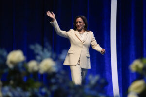 Vice President Kamala Harris waves as she is introduced during the Zeta Phi Beta Sorority, Inc.'s Grand Boulé, Wednesday, July 24, 2024, in Indianapolis. Photo credit: Darron Cummings, The Associated Press