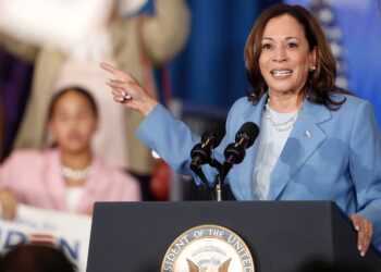 Vice President Kamala Harris speaks at a campaign rally Tuesday, July 9, 2024, in Las Vegas. On Sunday, July 21, 2024, President Biden announced he was exiting the White House race and endorsing Kamala Harris as the Democratic nominee. Photo credit: Steve Marcus, Las Vegas Sun via The Associated Press