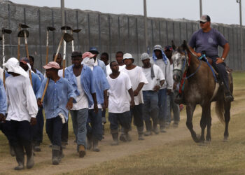 A prison guard rides a horse alongside prisoners as they return from farm work detail at the Louisiana State Penitentiary in Angola, Louisiana, on Aug. 18, 2011. U.S. District Court Judge Brian Jackson issued a temporary restraining order on Tuesday, July 3, 2024, giving the state department of corrections seven days to provide a plan to improve conditions on the so-called Farm Line at Louisiana State Penitentiary, otherwise known as Angola. Photo credit: Gerald Herbert, The Associated Press