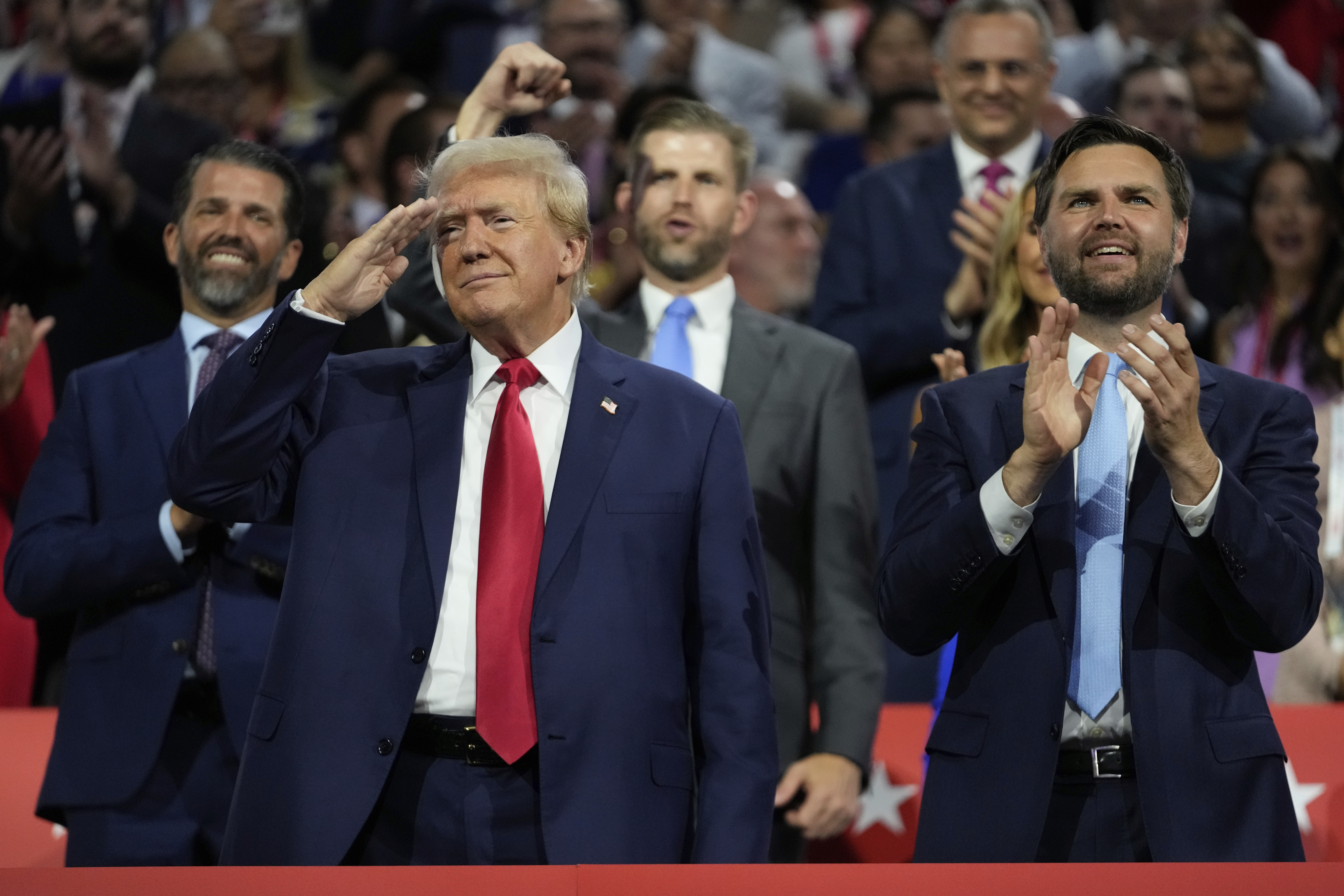 Republican presidential candidate and former President Donald Trump appears with vice presidential candidate JD Vance, R-Ohio, during the Republican National Convention on Monday, July 15, 2024, in Milwaukee. Photo credit: Paul Sancya, The Associated Press