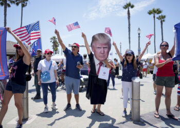 People rally in support of Republican presidential candidate and former President Donald Trump in Huntington Beach, California on Sunday, July 14, 2024. Photo credit: Eric Thayer, The Associated Press