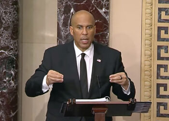 In this image provided by Senate Television, U.S. Sen. Cory Booker, D-N.J., speaks on the Senate floor on Tuesday morning, April 1, 2025. Photo credit: Senate Television via The Associated Press