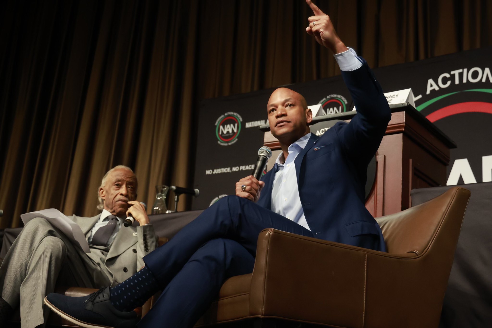 Maryland Gov. Wes Moore chats with the Rev. Al Sharpton at the 2025 National Action Network conference in New York on April 3, 2025. Photo credit: Maryland Governor's Office
