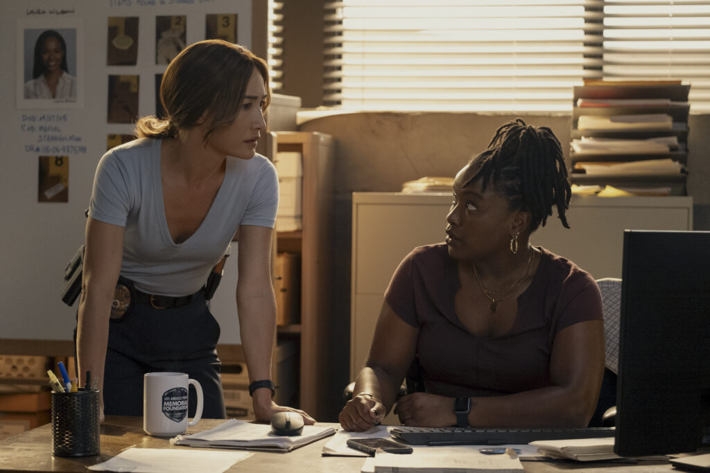 Margaret Denise Quigley, left, as Det. Renée Ballard, and Courtney Taylor, right, as Samira Parker, in "Ballard." Photo credit: Adam Rose, Prime Video