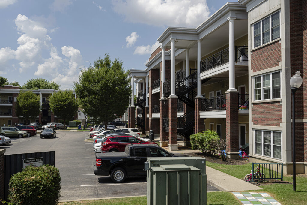 Apartment buildings are seen at the Stoddard Johnston Scholar House complex on Friday, July 11, 2025, in Louisville, Kentucky. Photo credit: Jon Cherry, The Associated Press