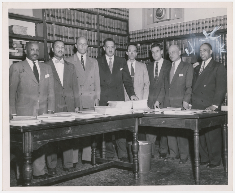 Thurgood Marshall and other members of the NAACP Legal Defense and Educational Fund who worked on the Brown v. Board of Education case. Photo courtesy New York Public Library Digital Collections.