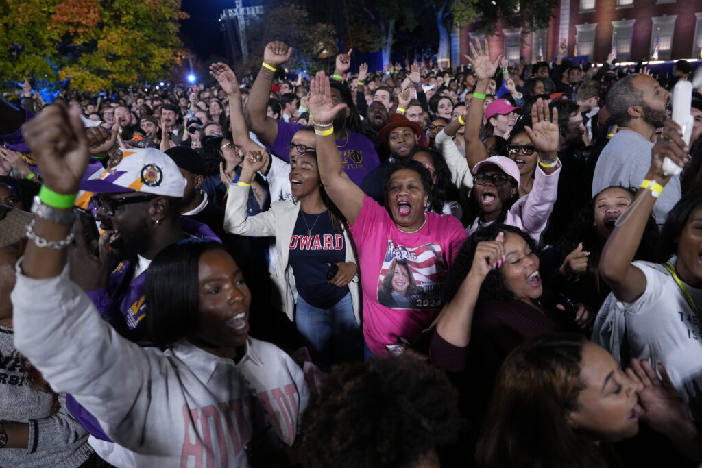 Supporters reacting to election results during a campaign watch party for Vice President Kamala Harris, Democratic presidential candidate, on Tuesday, Nov. 5, 2024, on the campus of Howard University in Washington. Photo credit: Ben Curtis, The Associated Press